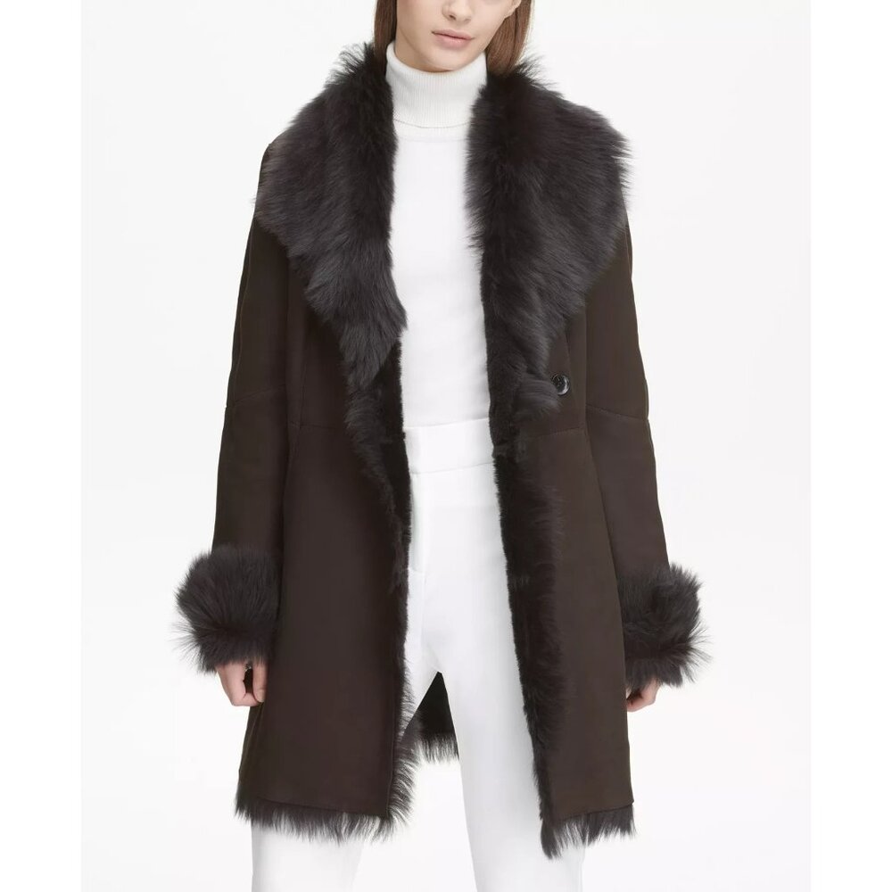Calvin Klein Toscana Shearling Coat Dark Brown Size M MSRP $2,495